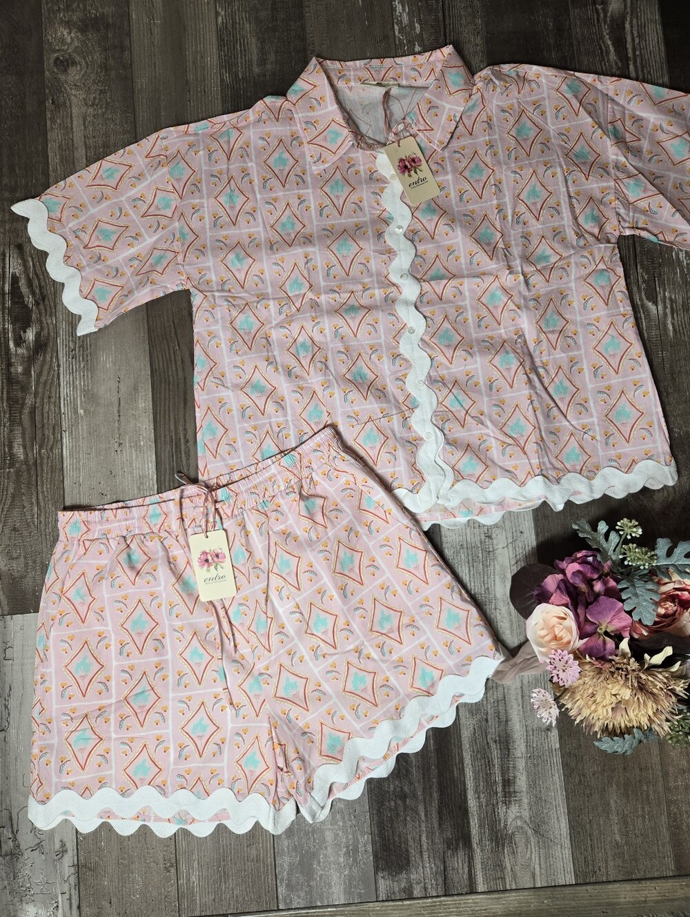 NWT Entro Pink Scallop-Trim Two-Piece Cotton Lounge Set Women’s Size Large